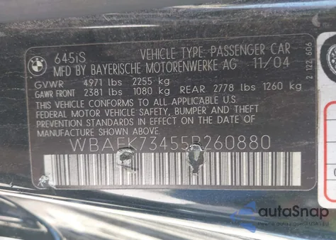 2005 BMW 645Ci z USA, uszkodzony, nr VIN WBAEK73455B260880